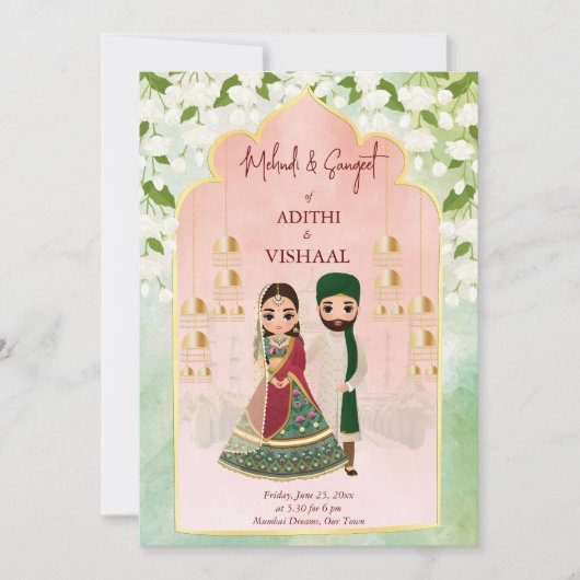 Sangeet mehndi Indiaas bruidskoppel jasmine Kaart (Voorkant)