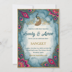Sangeet Night Uitnodiging Blauwe Waterverf Pauw