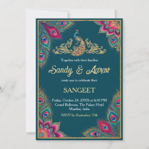 Sangeet Uitnodiging Teal Goud Pauw Mandala