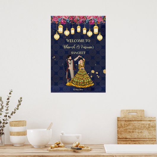Sangeet welkom aangepast bord dansend Indiaas paar Poster (Keuken)
