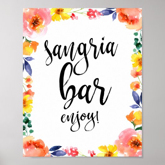 Sangria Bar Floral Waterverf 8x10 Wedding Sign Poster (Voorkant)