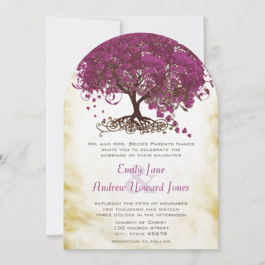 Sangria Heart Leaf Tree Wedding Invites Kaart (Voorkant)