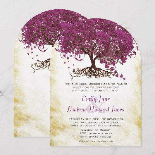 Sangria Heart Leaf Tree Wedding Invites Kaart (Voorkant / Achterkant)