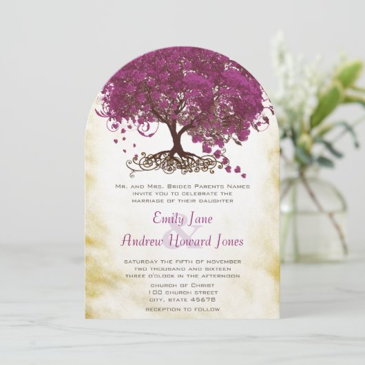 Sangria Heart Leaf Tree Wedding Invites Kaart (Staand voorkant)