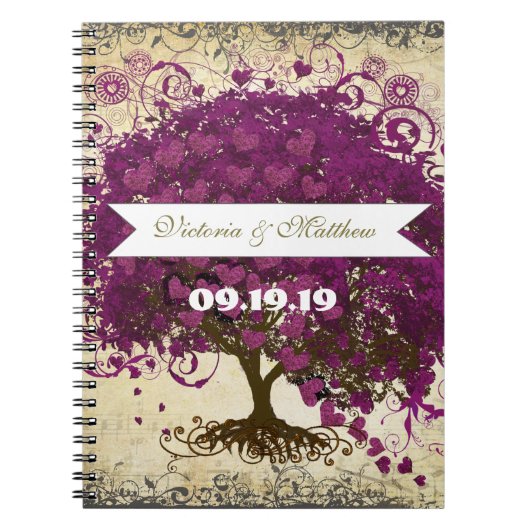 Sangria Magenta Paars Heart Leaf Wedding Notitieboek (Voorkant)