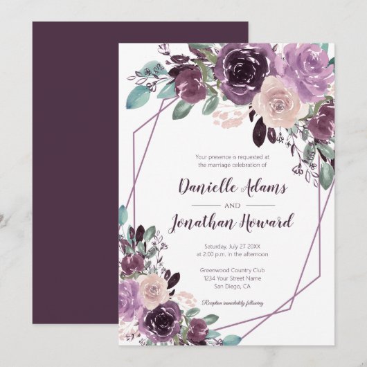 Sangria Paarse Bloemen Geometrische Bruiloft | Kaart (Voorkant / Achterkant)