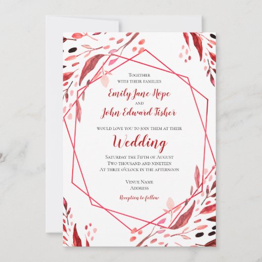 Sangria Red Leaves Geometrisch Lijst Wedding Kaart (Voorkant)