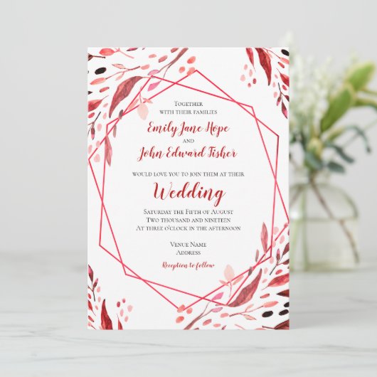 Sangria Red Leaves Geometrisch Lijst Wedding Kaart (Staand voorkant)