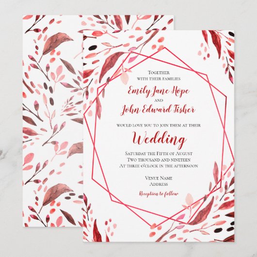 Sangria Red Leaves Geometrisch Lijst Wedding Kaart (Voorkant / Achterkant)
