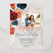 Sangria Rode Blauwgroen Rozen Gouden bladeren Zome Folie Uitnodiging (Voorkant)