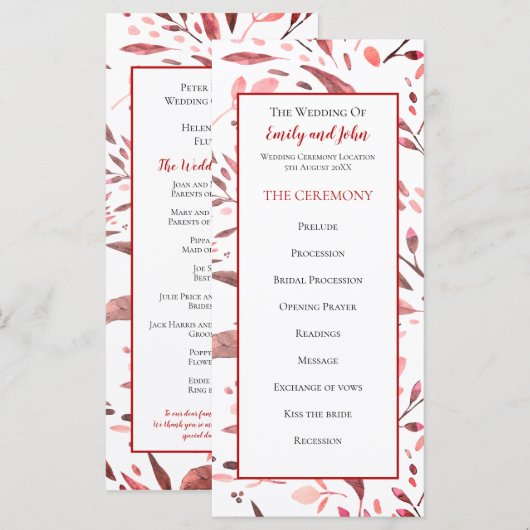 Sangria Rode Waterverf verlaat bruiloft Programmakaart (Voorkant / Achterkant)