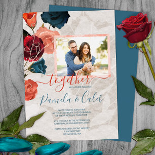 Sangria Rood Teal Rozen Gouden Bladeren Zomer Brui Folie Uitnodiging