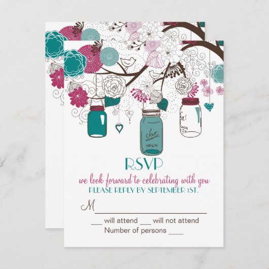 Sangria & Teal Mason Jars RSVP Trouw Uitnodiging (Voorkant / Achterkant)