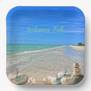 Sanibel Island Florida Beach met Herfst Pompoenen Papieren Bordje