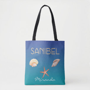 Sanibel met schelpen op blauw en aangepaste naam tote bag