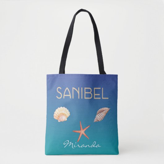 Sanibel met schelpen op blauw en aangepaste naam tote bag (Voorkant)