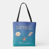 Sanibel met schelpen op blauw en aangepaste naam tote bag (Achterkant)
