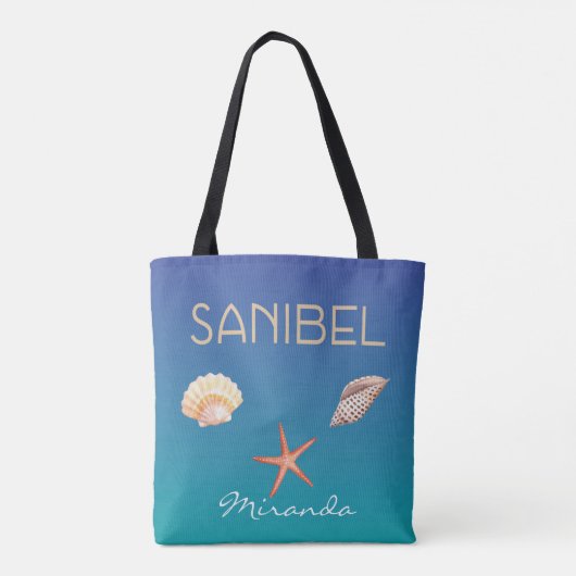 Sanibel met schelpen op blauw en aangepaste naam tote bag (Achterkant)