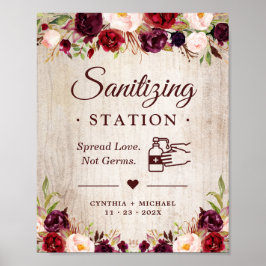 Sanitiseringsstation Rustic Wood Burgundy Floral Poster