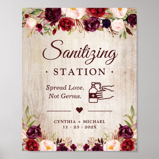 Sanitiseringsstation Rustic Wood Burgundy Floral Poster (Voorkant)