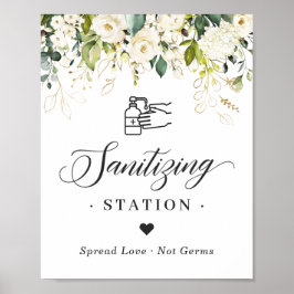Sanitizing Station Sign Greenery White Roses Poster