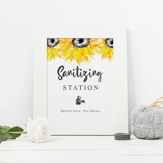 Sanitizing Station Zonnebloem bruiloft Waterverf Poster
