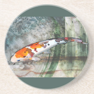 Sanke Koi in het Abstract Blauw en Groen Pond Zandsteen Onderzetter