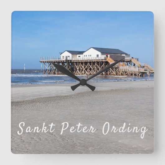 Sankt Peter Ording House op foto met tekst Vierkante Klok (Voorkant)