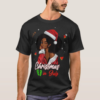 Santa African American Girl Christmas in July Blac T-shirt
