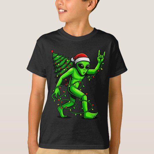 Santa Alien Christmas Tree Xmas Lights Funny Ufo  T-shirt (Voorkant)