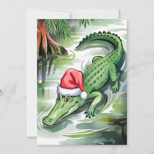Santa Alligator zwemt in de Bayou Feestdagenkaart (Voorkant)
