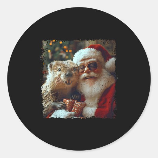 Santa And Beaver Selfie Funny Christmas Design Ronde Sticker (Voorkant)