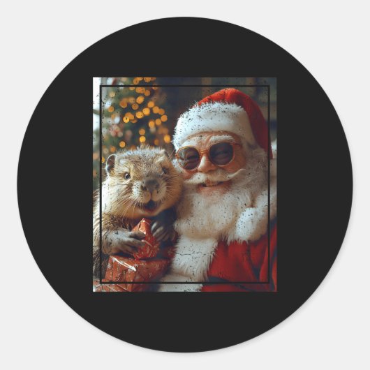 Santa And Beaver Selfie Funny Christmas Design  Ronde Sticker (Voorkant)