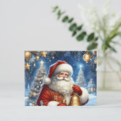 Santa and Christmas tree, blue & gold Briefkaart (Staand voorkant)