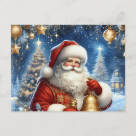Santa and Christmas tree, blue & gold Briefkaart