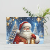 Santa and Christmas tree, blue & gold Feestdagenkaart (Staand voorkant)