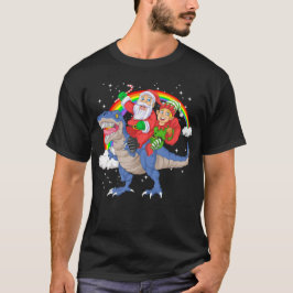 santa and elf riding dinosaur trex t-shirt