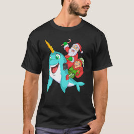 santa and elf riding narwhal t-shirt