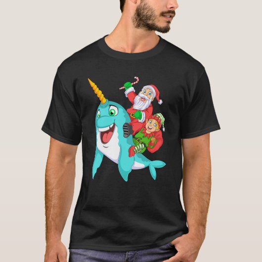 santa and elf riding narwhal t-shirt (Voorkant)