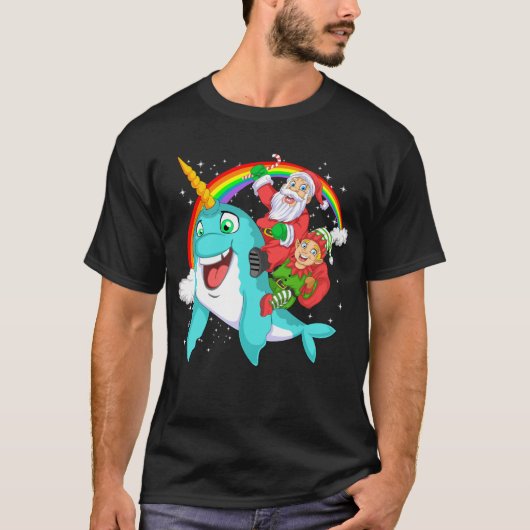 santa and elf riding narwhal t-shirt (Voorkant)