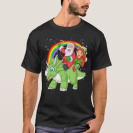 santa and elf riding triceratops t-shirt
