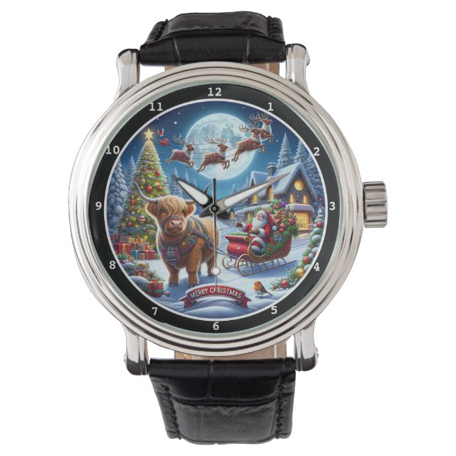 Santa and Highland Cow Sleigh Horloge (Voorkant)