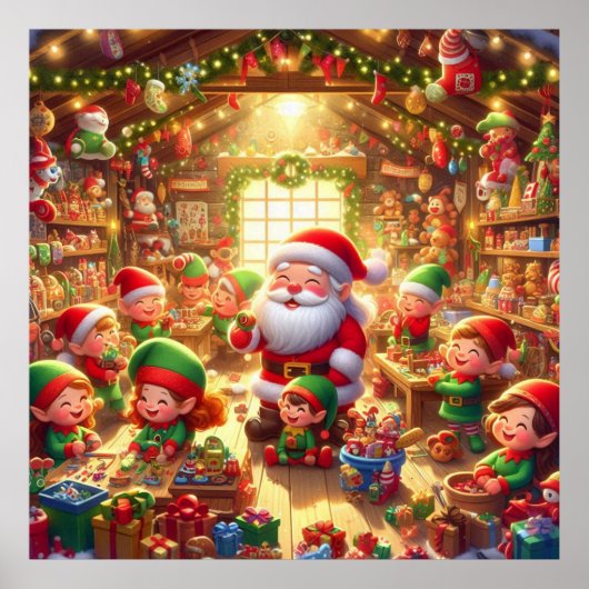 Santa and His Cute Little Elves in His Workshop Poster (Voorkant)