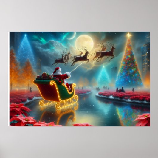 Santa and His Reindeer Flying in the Sky Poster (Voorkant)