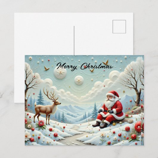 Santa and His Reindeer in Snowy Landscape Feestdagenkaart (Voorkant / Achterkant)