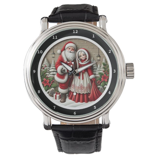 Santa and Mrs. Claus Christmas Scene Horloge (Voorkant)