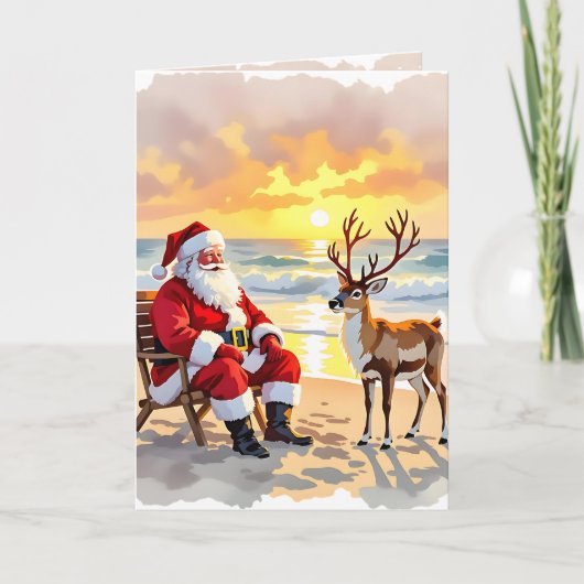 Santa and Reindeer at Beach Personalized Christmas Feestdagen Kaart (Voorkant)