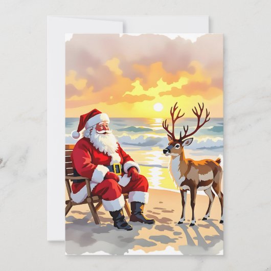 Santa and Reindeer at Beach Personalized Christmas Feestdagenkaart (Voorkant)