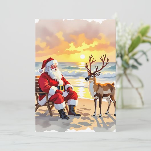 Santa and Reindeer at Beach Personalized Christmas Feestdagenkaart (Staand voorkant)