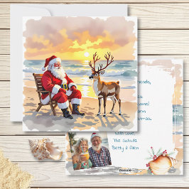 Santa and Reindeer at Beach Personalized Christmas Feestdagenkaart